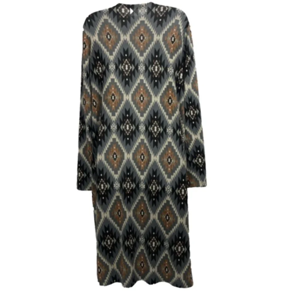 Entro Womens Large Open Front Long Sleeve Aztec Cardigan Long Line